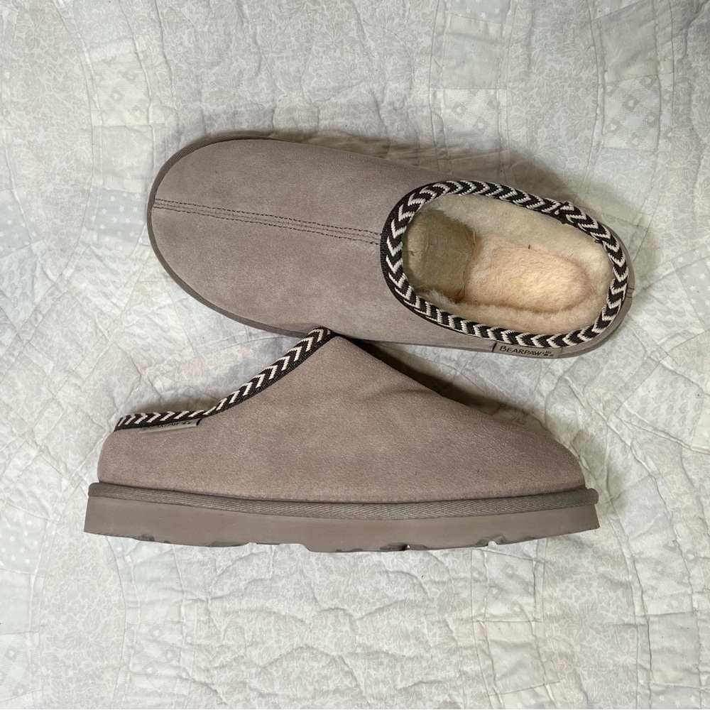 Cozy Taupe Slippers with Chevron Trim